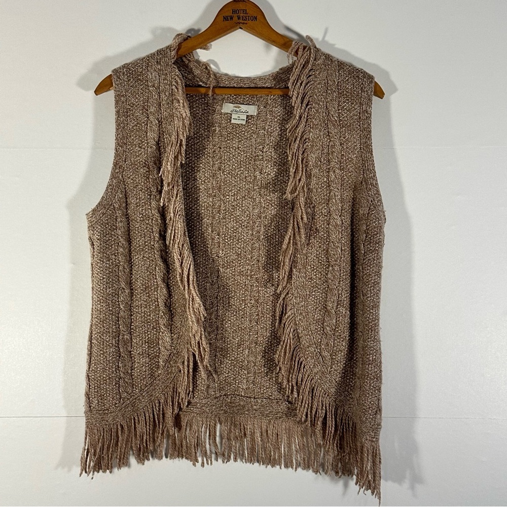 Cozy Wool Blend Fringed Cream and Tan Cable Knit Cardigan Vest